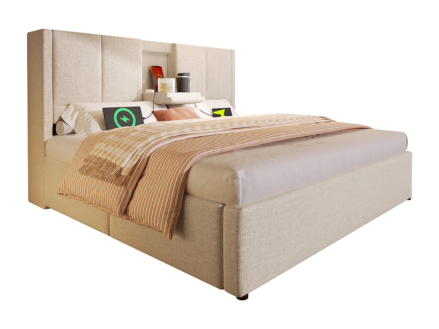 Lit coffre rembourré 140x190cm - avec porte-gobelet caché  - avec ports USB et Type-C - avec sommier à lattes - Lin - Beige (sans matelas)