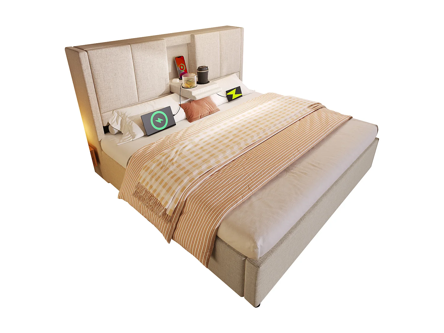 Lit coffre rembourré 140x190cm - avec porte-gobelet caché  - avec ports USB et Type-C - avec sommier à lattes - Lin - Beige (sans matelas)