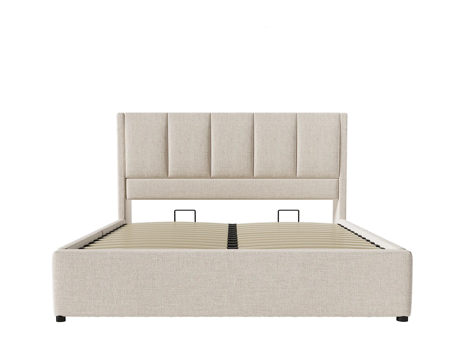 Lit coffre rembourré 140x190cm - avec porte-gobelet caché  - avec ports USB et Type-C - avec sommier à lattes - Lin - Beige (sans matelas)