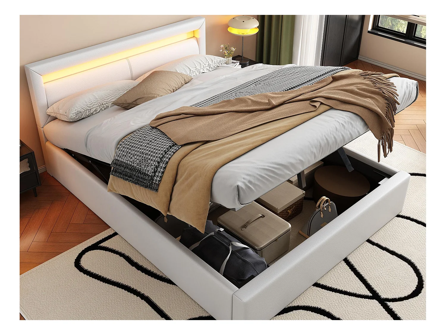 Lit coffre 140x190cm - avec LED  - en similicuir - avec sommier à lattes - Blanc