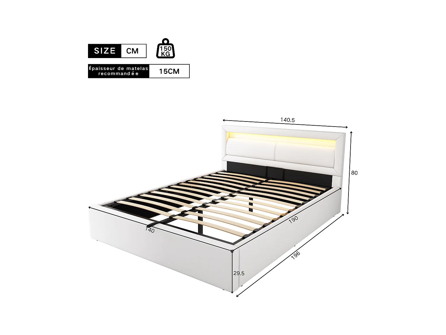 Lit coffre 140x190cm - avec LED  - en similicuir - avec sommier à lattes - Blanc
