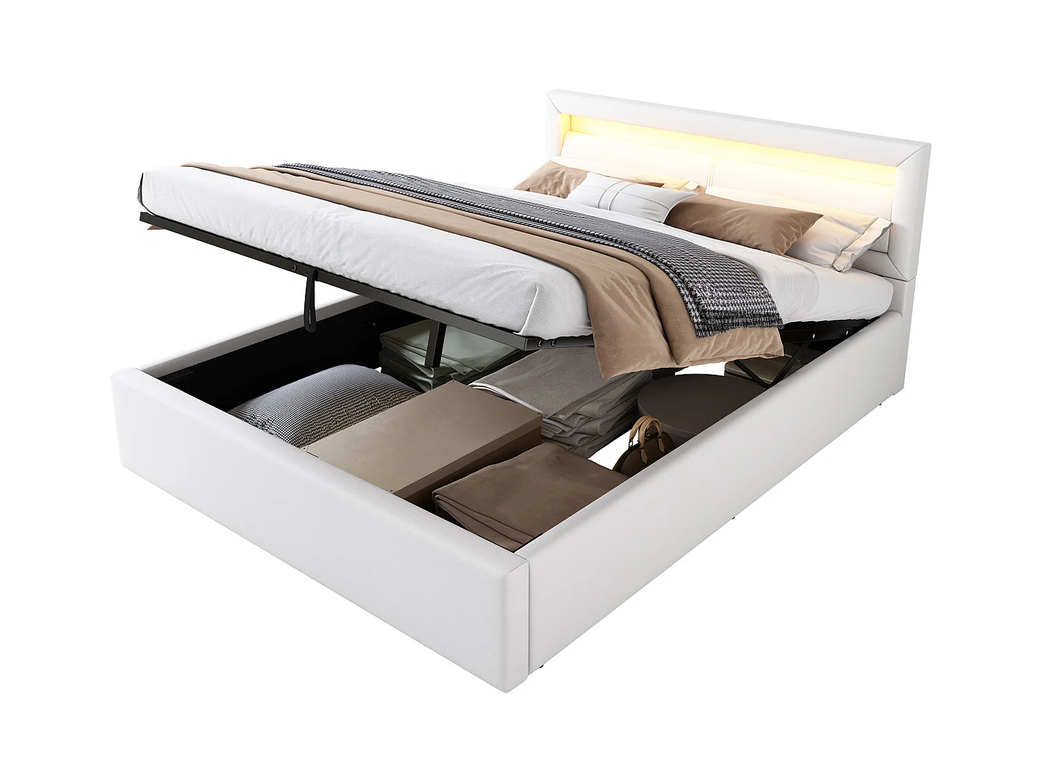 Lit coffre 140x190cm - avec LED  - en similicuir - avec sommier à lattes - Blanc