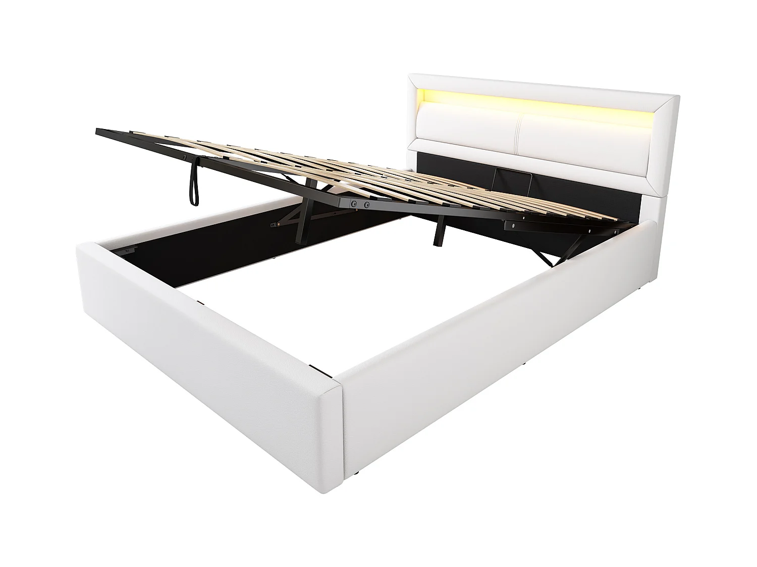 Lit coffre 140x190cm - avec LED  - en similicuir - avec sommier à lattes - Blanc