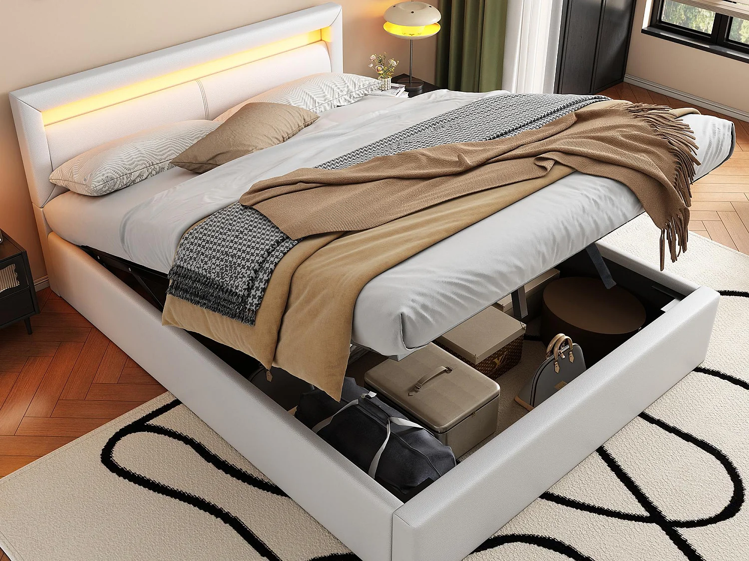 Lit coffre 140x190cm - avec LED  - en similicuir - avec sommier à lattes - Blanc