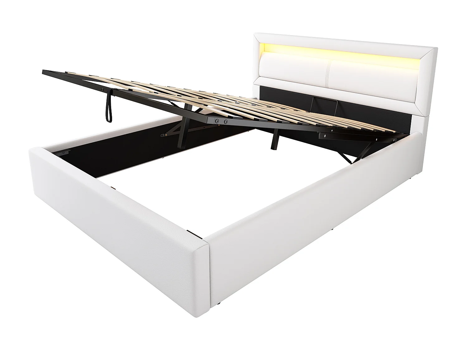 Lit coffre 140x190cm - avec LED  - en similicuir - avec sommier à lattes - Blanc