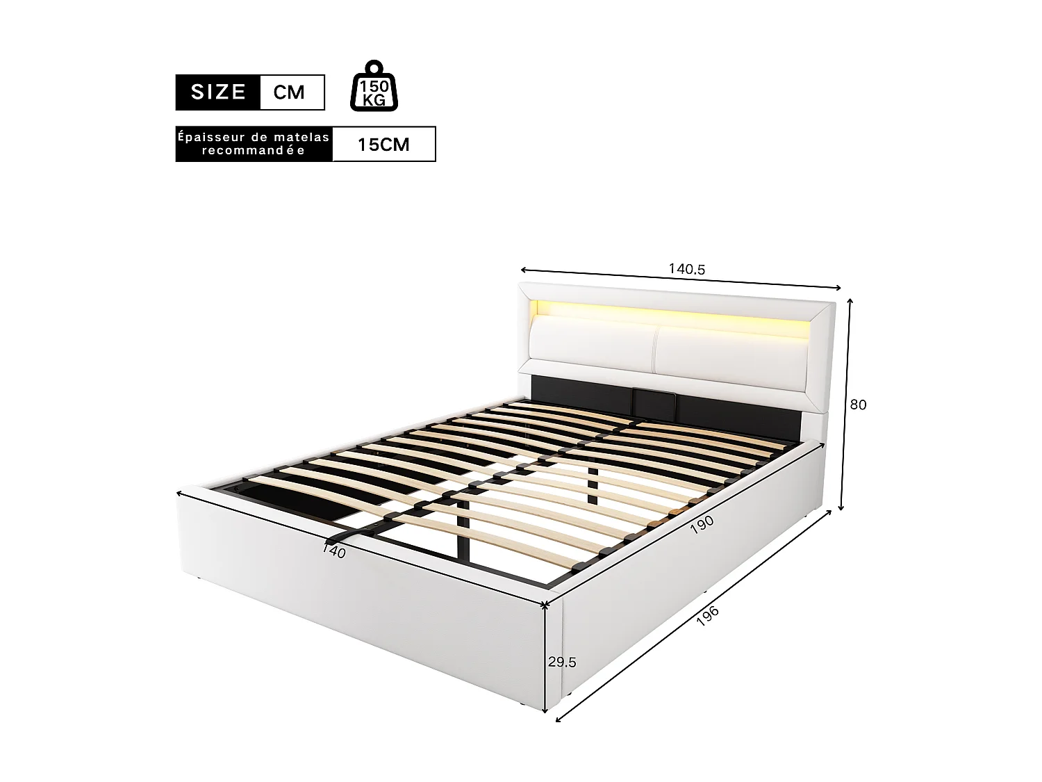 Lit coffre 140x190cm - avec LED  - en similicuir - avec sommier à lattes - Blanc
