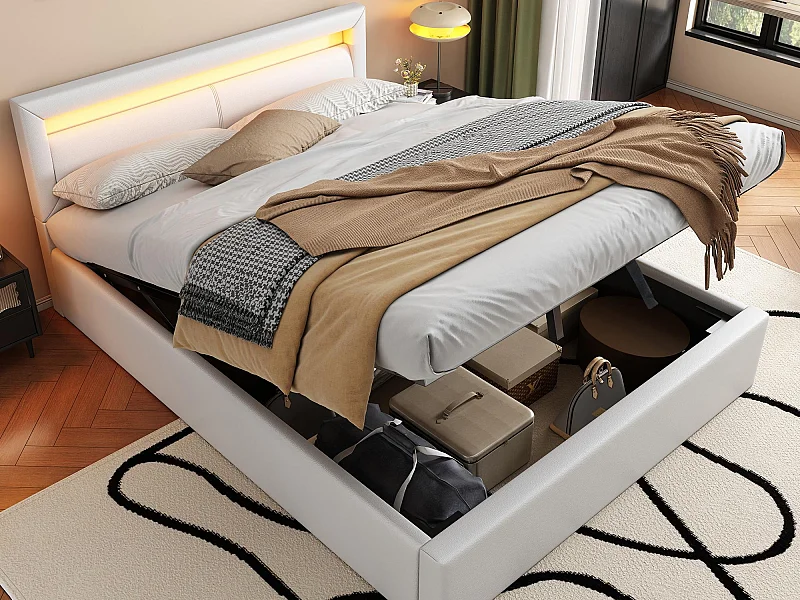 Lit coffre 140x190cm - avec LED  - en similicuir - avec sommier à lattes - Blanc