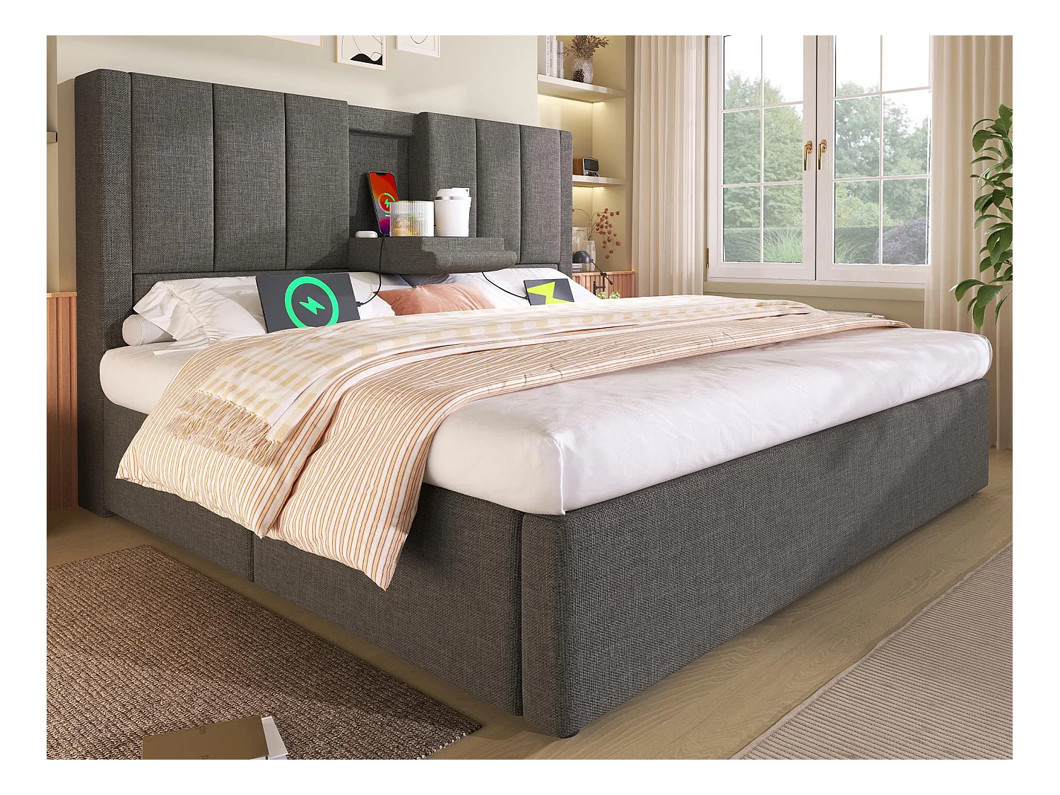 Lit coffre rembourré 180x200cm - avec porte-gobelet caché  - avec ports USB et Type-C - avec sommier à lattes - Lin - Gris (sans matelas)