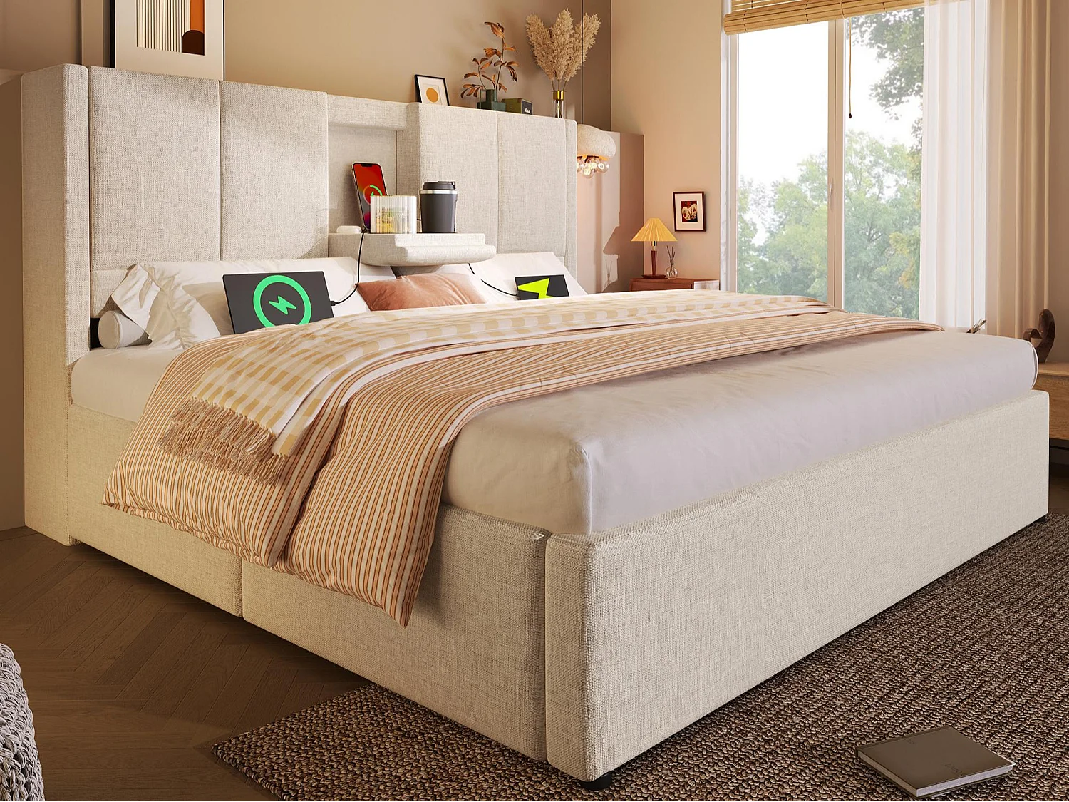 Lit coffre rembourré 140x200cm - avec porte-gobelet caché  - avec ports USB et Type-C - avec sommier à lattes - Lin - Beige (sans matelas)