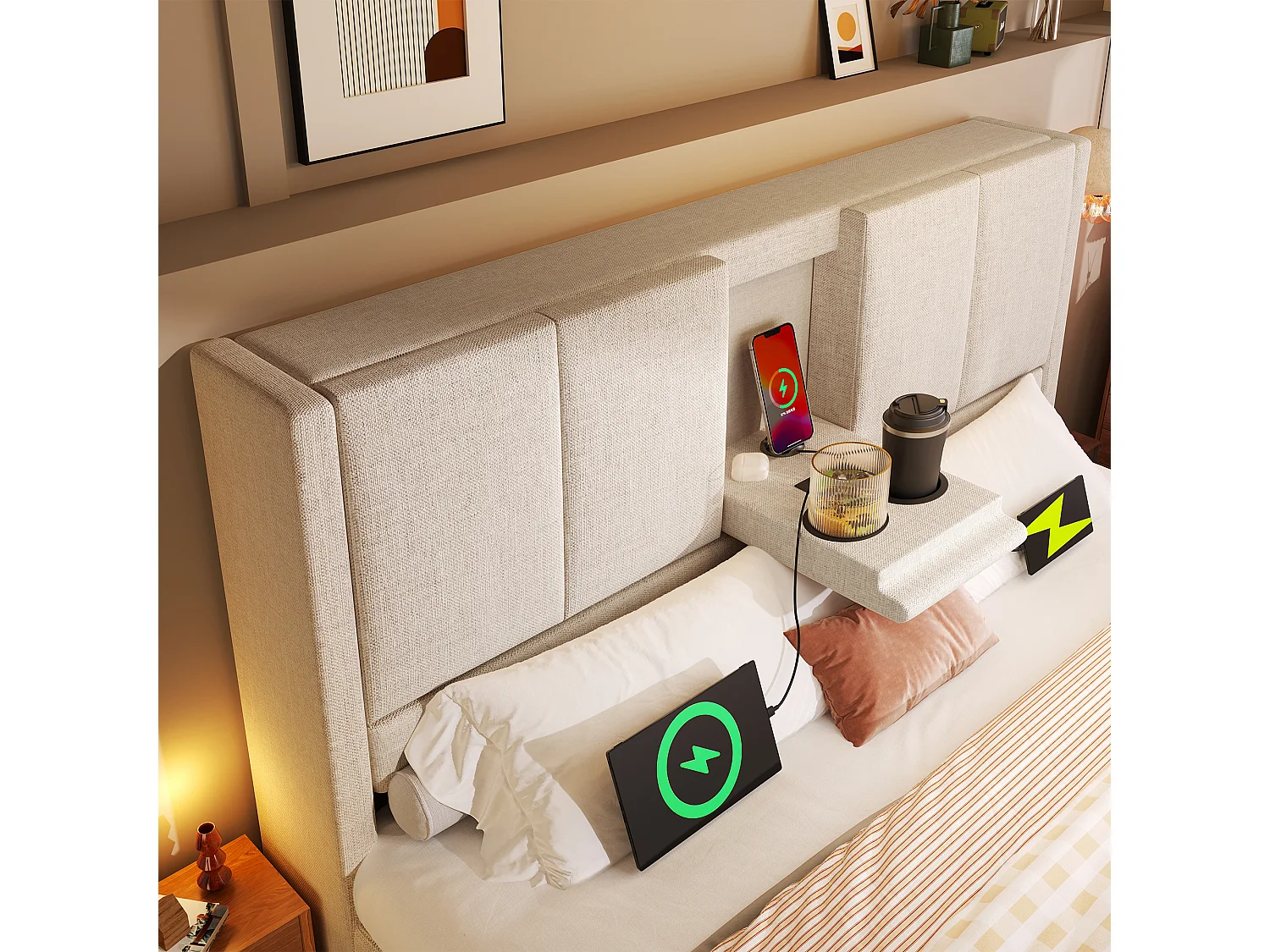 Lit coffre rembourré 140x200cm - avec porte-gobelet caché  - avec ports USB et Type-C - avec sommier à lattes - Lin - Beige (sans matelas)