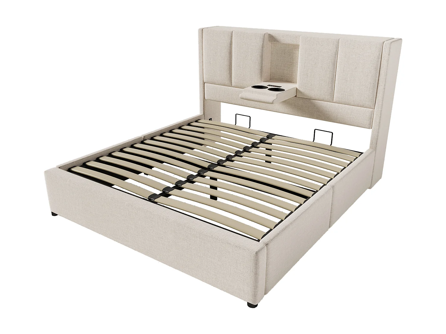 Lit coffre rembourré 140x200cm - avec porte-gobelet caché  - avec ports USB et Type-C - avec sommier à lattes - Lin - Beige (sans matelas)
