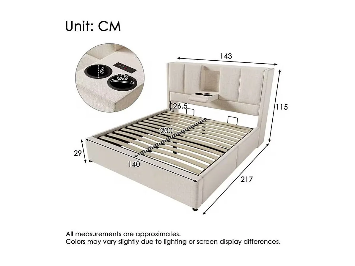 Lit coffre rembourré 140x200cm - avec porte-gobelet caché  - avec ports USB et Type-C - avec sommier à lattes - Lin - Beige (sans matelas)