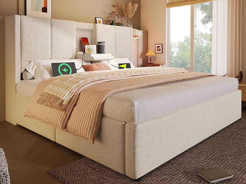 Lit coffre rembourré 140x200cm - avec porte-gobelet caché  - avec ports USB et Type-C - avec sommier à lattes - Lin - Beige (sans matelas)