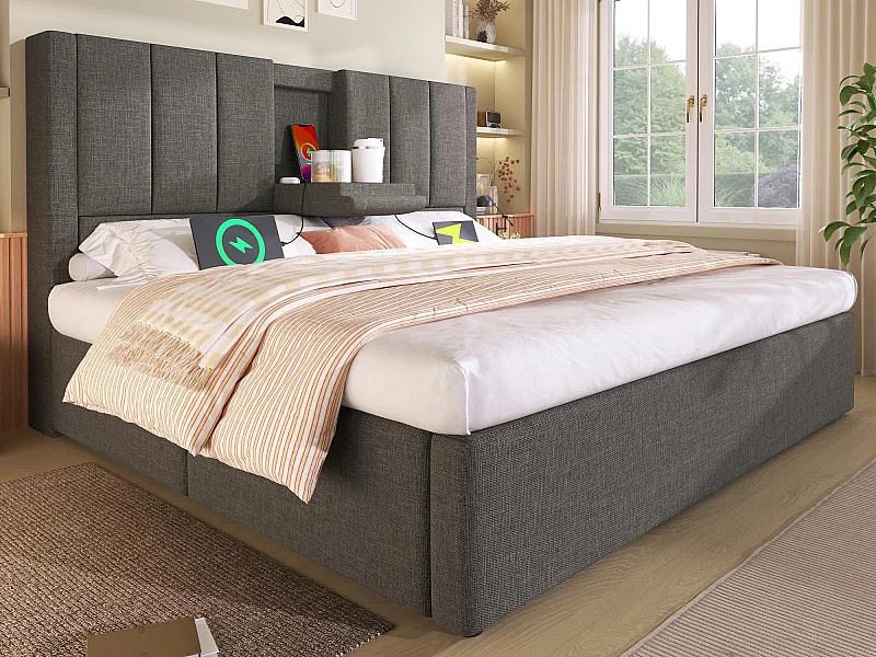 Gepolstertes Stauraumbett 140x200cm - mit verstecktem Getränkehalter - mit USB- und Typ-C-Anschlüssen - mit Lattenrost - Leinen - Grau (ohne Matratze)