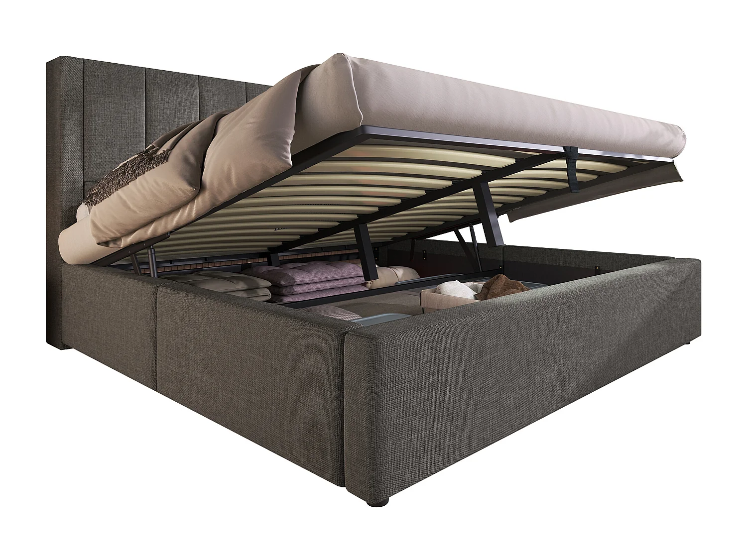 Lit coffre rembourré 140x200cm - avec porte-gobelet caché  - avec ports USB et Type-C - avec sommier à lattes - Lin - Gris (sans matelas)