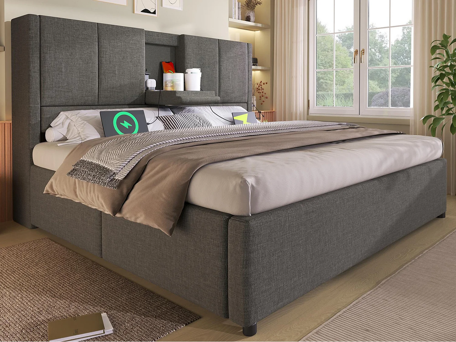 Lit coffre rembourré 140x200cm - avec porte-gobelet caché  - avec ports USB et Type-C - avec sommier à lattes - Lin - Gris (sans matelas)