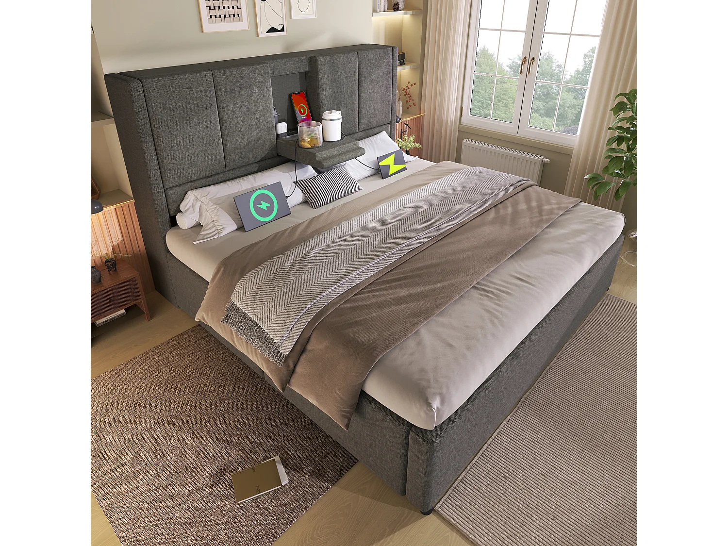 Lit coffre rembourré 140x200cm - avec porte-gobelet caché  - avec ports USB et Type-C - avec sommier à lattes - Lin - Gris (sans matelas)