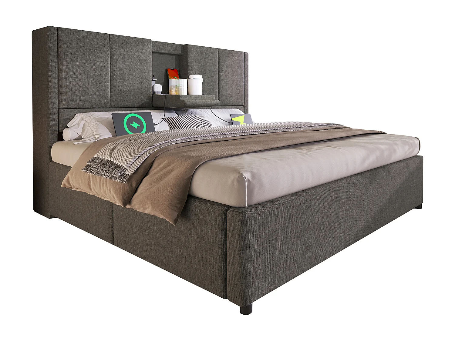 Lit coffre rembourré 140x200cm - avec porte-gobelet caché  - avec ports USB et Type-C - avec sommier à lattes - Lin - Gris (sans matelas)