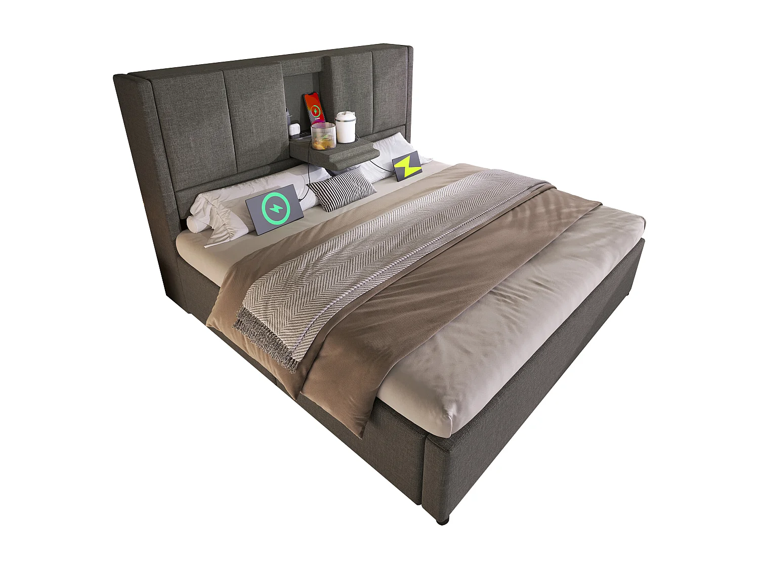 Lit coffre rembourré 140x200cm - avec porte-gobelet caché  - avec ports USB et Type-C - avec sommier à lattes - Lin - Gris (sans matelas)