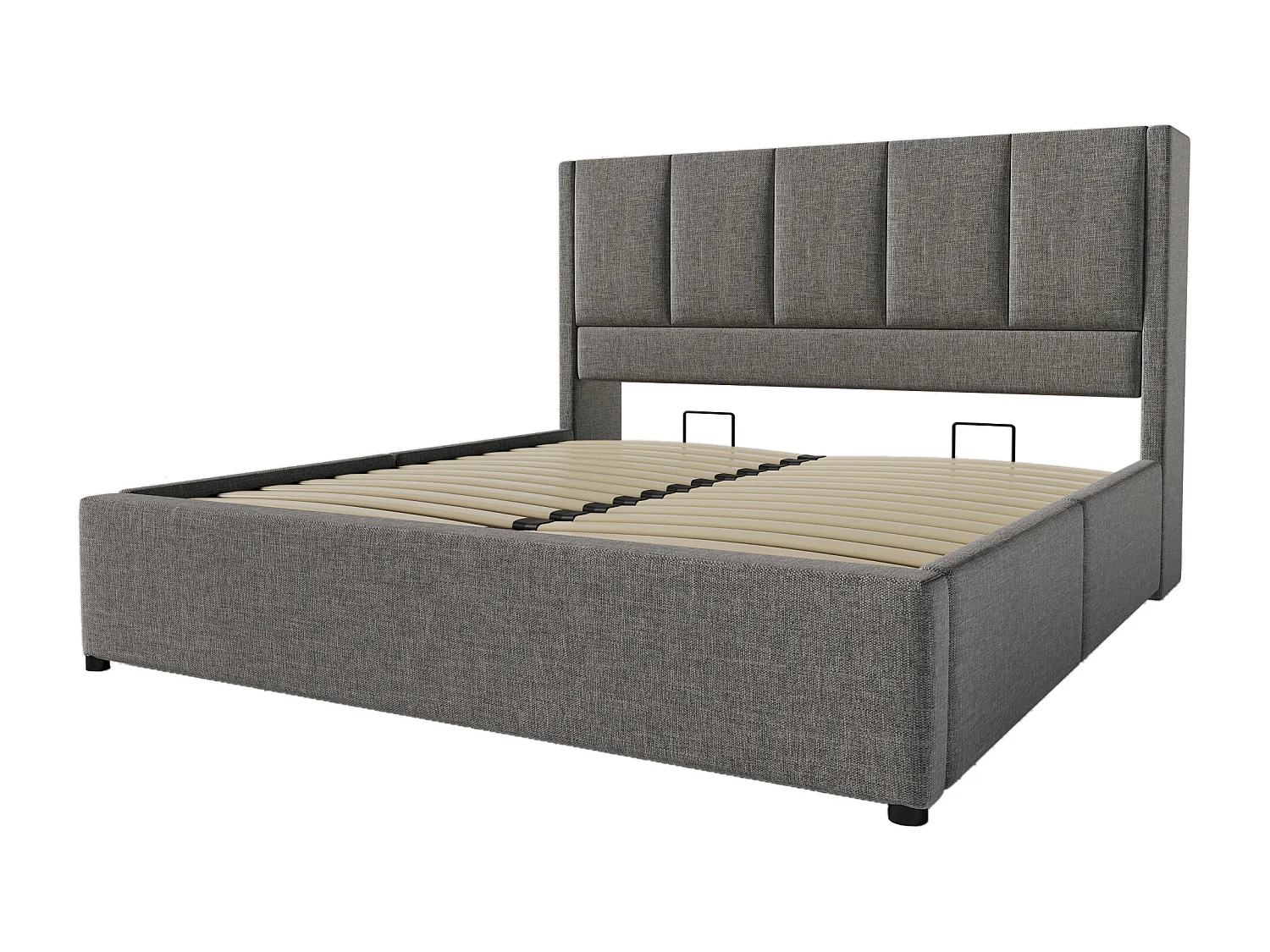 Lit coffre rembourré 140x200cm - avec porte-gobelet caché  - avec ports USB et Type-C - avec sommier à lattes - Lin - Gris (sans matelas)