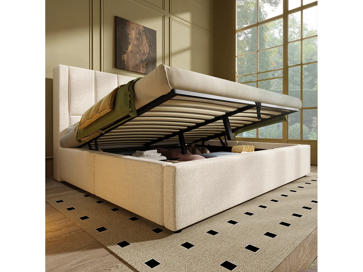 Gestoft opbergbed 180x200cm - met verborgen bekerhouder - met USB- en Type-C-poorten - met lattenbodem - Linnen - Beige (zonder matras)