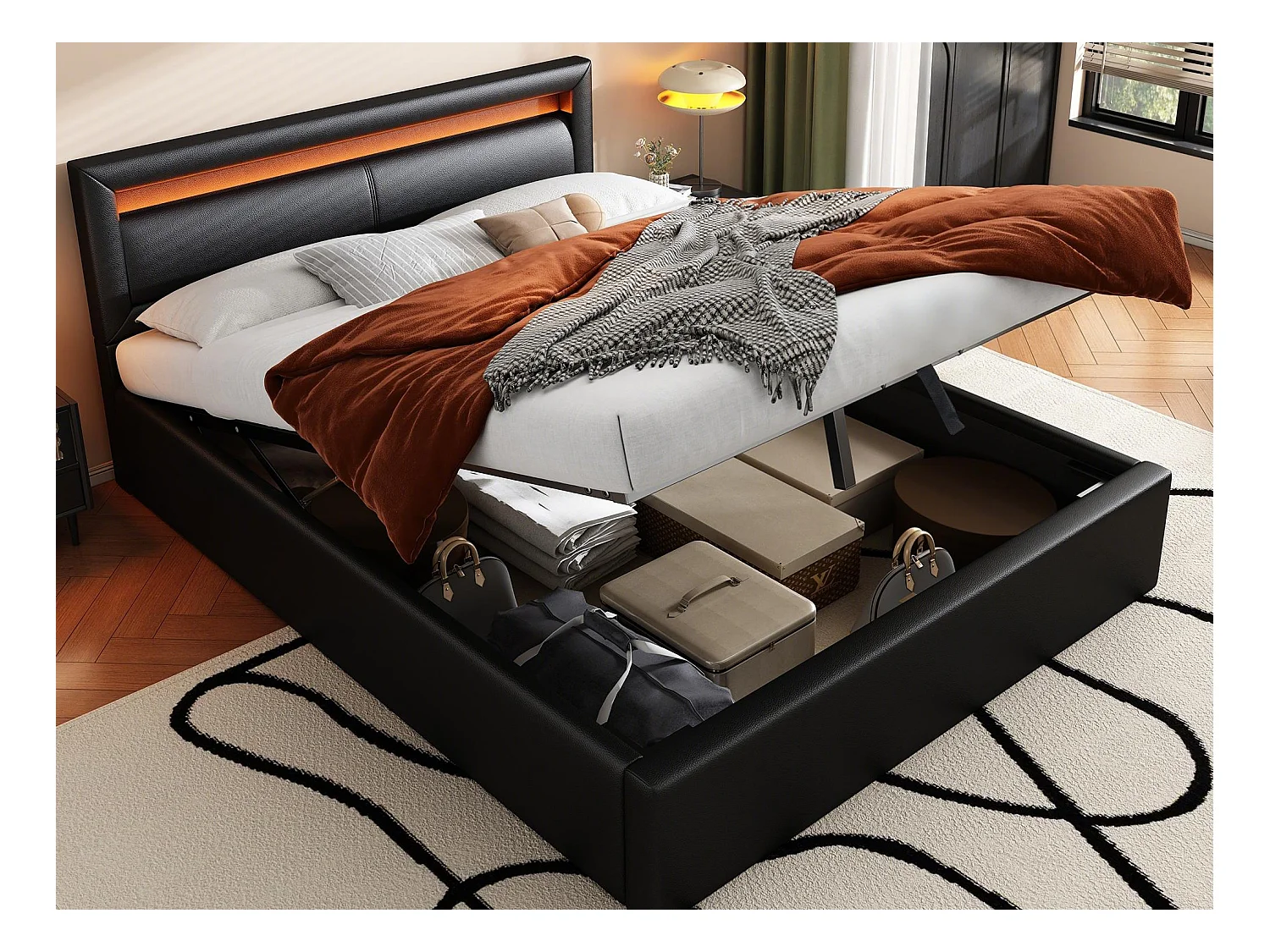 Lit coffre 140x190cm - avec LED  - en similicuir - avec sommier à lattes - Noir