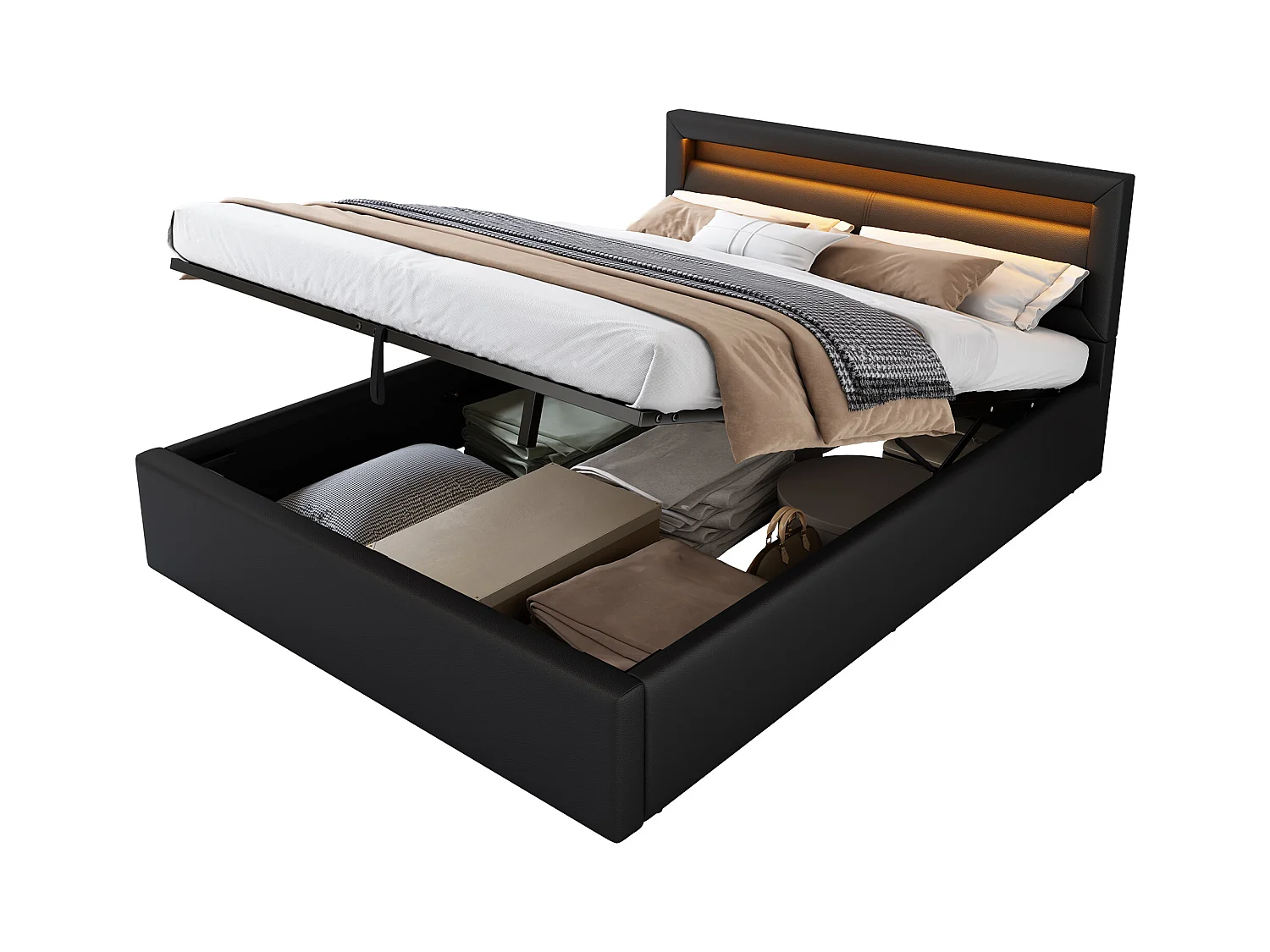 Lit coffre 140x190cm - avec LED  - en similicuir - avec sommier à lattes - Noir