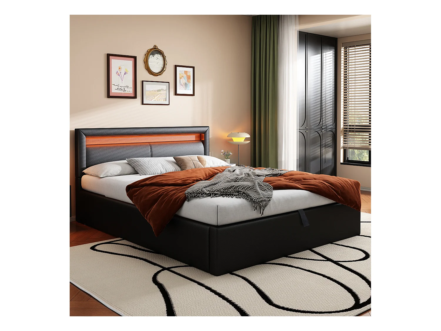 Stauraumbett 140x190cm - mit LED - aus Kunstleder - mit Lattenrost - Schwarz