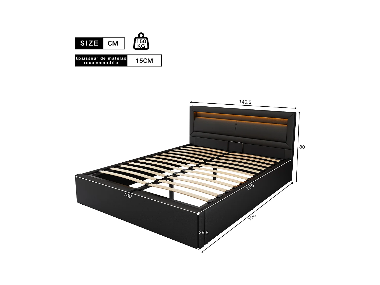 Stauraumbett 140x190cm - mit LED - aus Kunstleder - mit Lattenrost - Schwarz