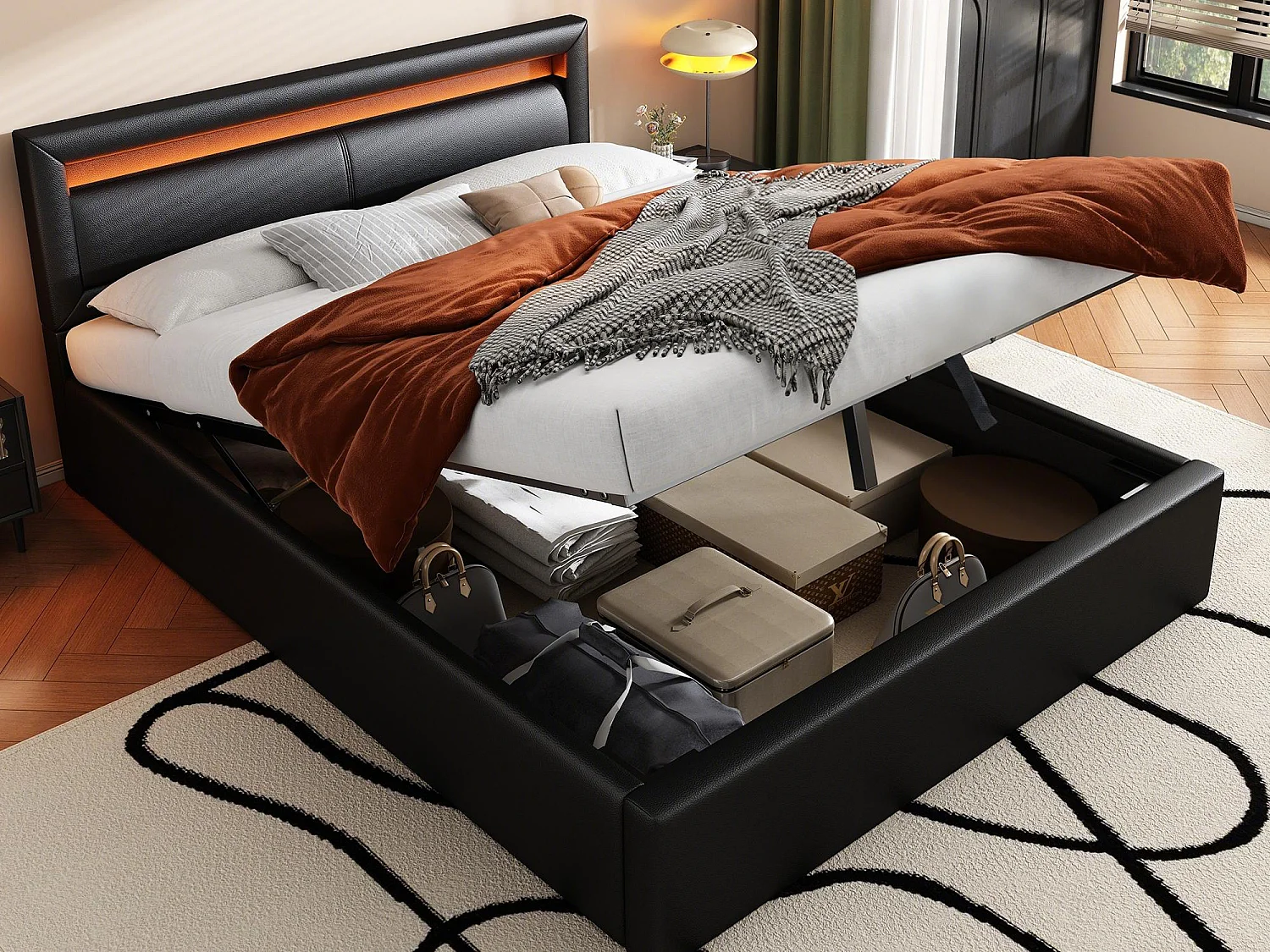 Lit coffre 140x190cm - avec LED  - en similicuir - avec sommier à lattes - Noir