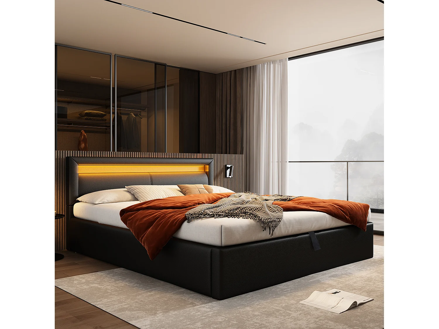 Lit coffre 140x190cm - avec LED  - en similicuir - avec sommier à lattes - Noir