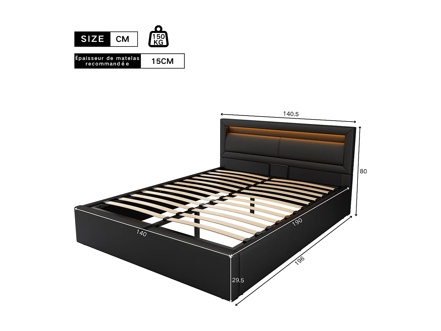 Lit coffre 140x190cm - avec LED  - en similicuir - avec sommier à lattes - Noir