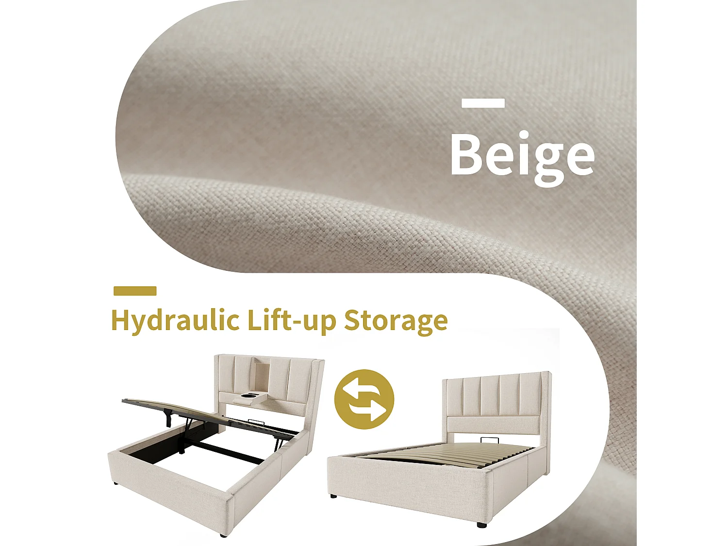 Cama tapizada con almacenaje 90x200cm - con portavasos oculto - con puertos USB y Tipo-C - con somier de láminas - Lino - Beige (sin colchón)