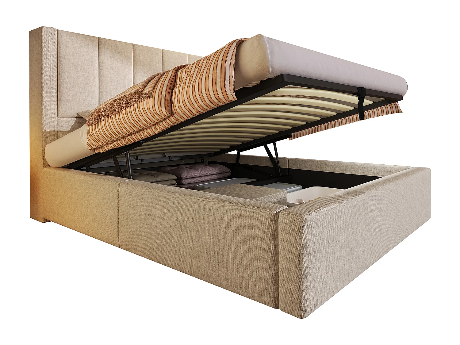 Cama tapizada con almacenaje 90x200cm - con portavasos oculto - con puertos USB y Tipo-C - con somier de láminas - Lino - Beige (sin colchón)