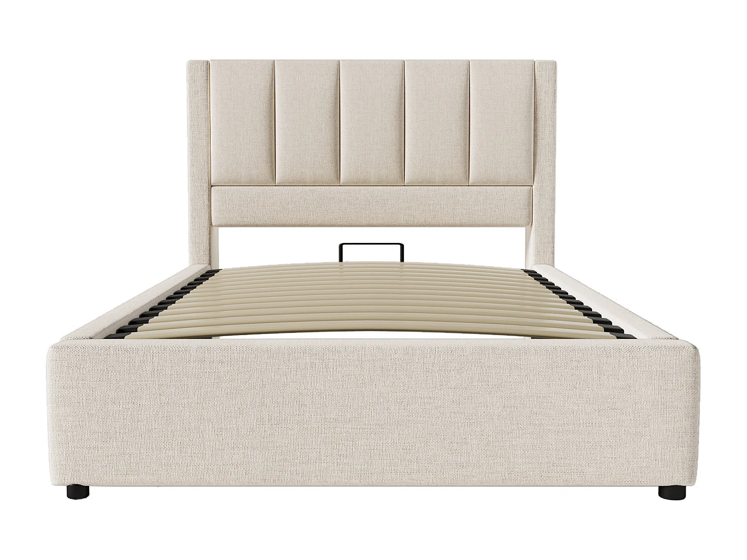 Cama tapizada con almacenaje 90x200cm - con portavasos oculto - con puertos USB y Tipo-C - con somier de láminas - Lino - Beige (sin colchón)