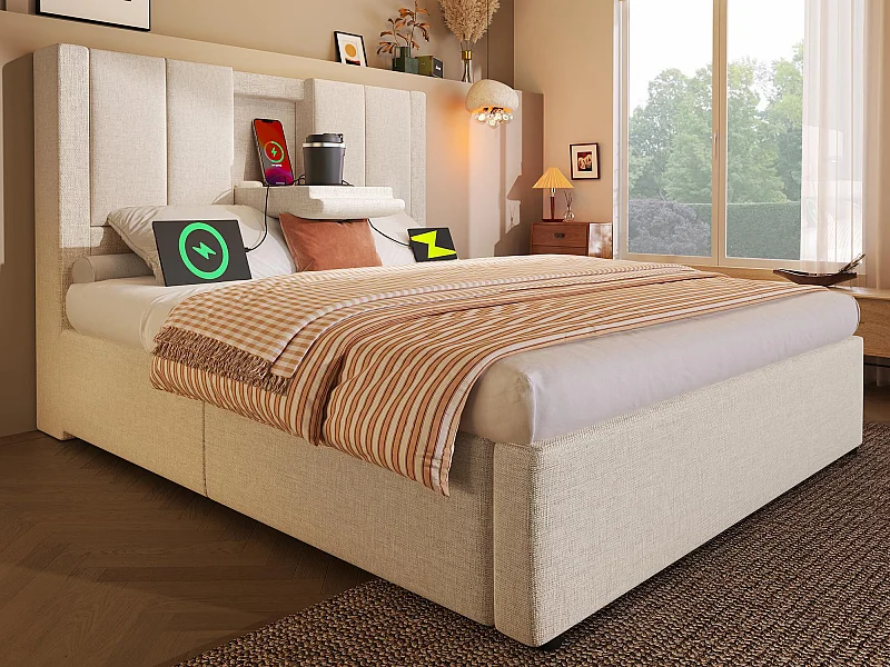 Gestoft opbergbed 90x200cm - met verborgen bekerhouder - met USB- en Type-C-poorten - met lattenbodem - Linnen - Beige (zonder matras)