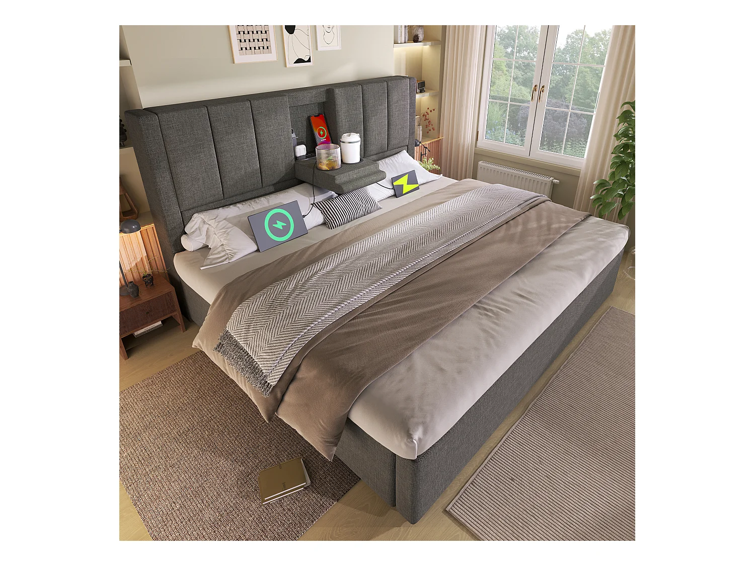 Lit coffre rembourré 160x200cm - avec porte-gobelet caché  - avec ports USB et Type-C - avec sommier à lattes - Lin - Gris (sans matelas)