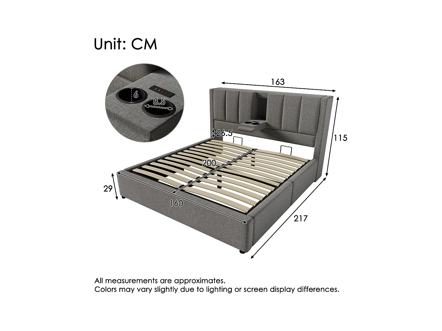 Lit coffre rembourré 160x200cm - avec porte-gobelet caché  - avec ports USB et Type-C - avec sommier à lattes - Lin - Gris (sans matelas)