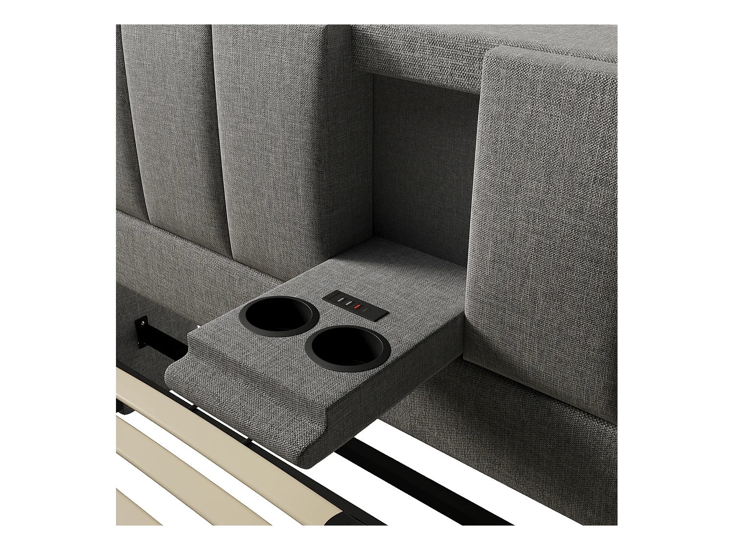 Lit coffre rembourré 160x200cm - avec porte-gobelet caché  - avec ports USB et Type-C - avec sommier à lattes - Lin - Gris (sans matelas)