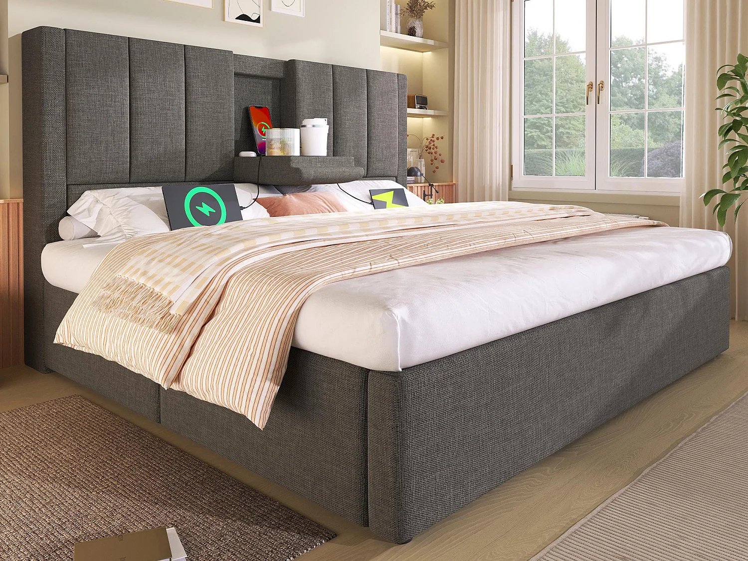 Letto contenitore imbottito 140x190cm - con portabicchieri nascosto - con porte USB e Tipo-C - con rete a doghe - Lino - Grigio (senza materasso)