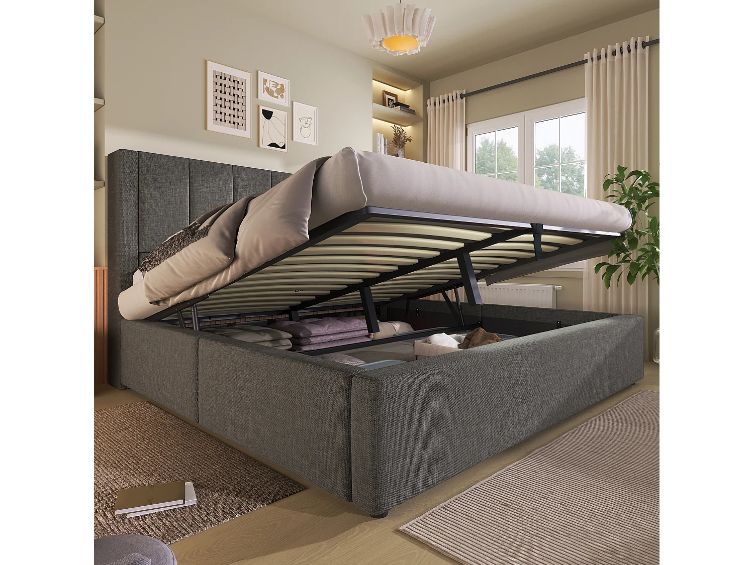 Letto contenitore imbottito 140x190cm - con portabicchieri nascosto - con porte USB e Tipo-C - con rete a doghe - Lino - Grigio (senza materasso)