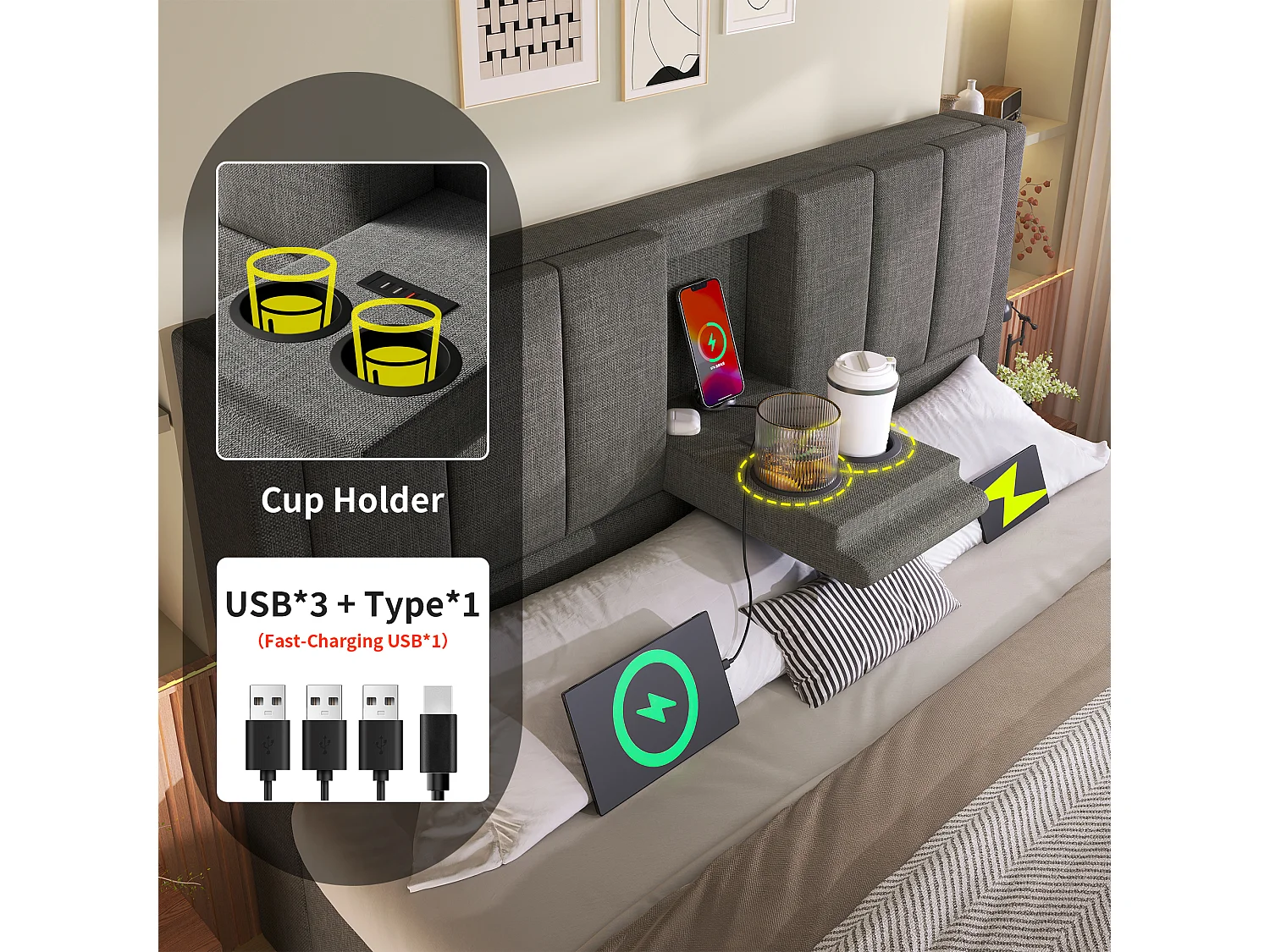 Letto contenitore imbottito 140x190cm - con portabicchieri nascosto - con porte USB e Tipo-C - con rete a doghe - Lino - Grigio (senza materasso)