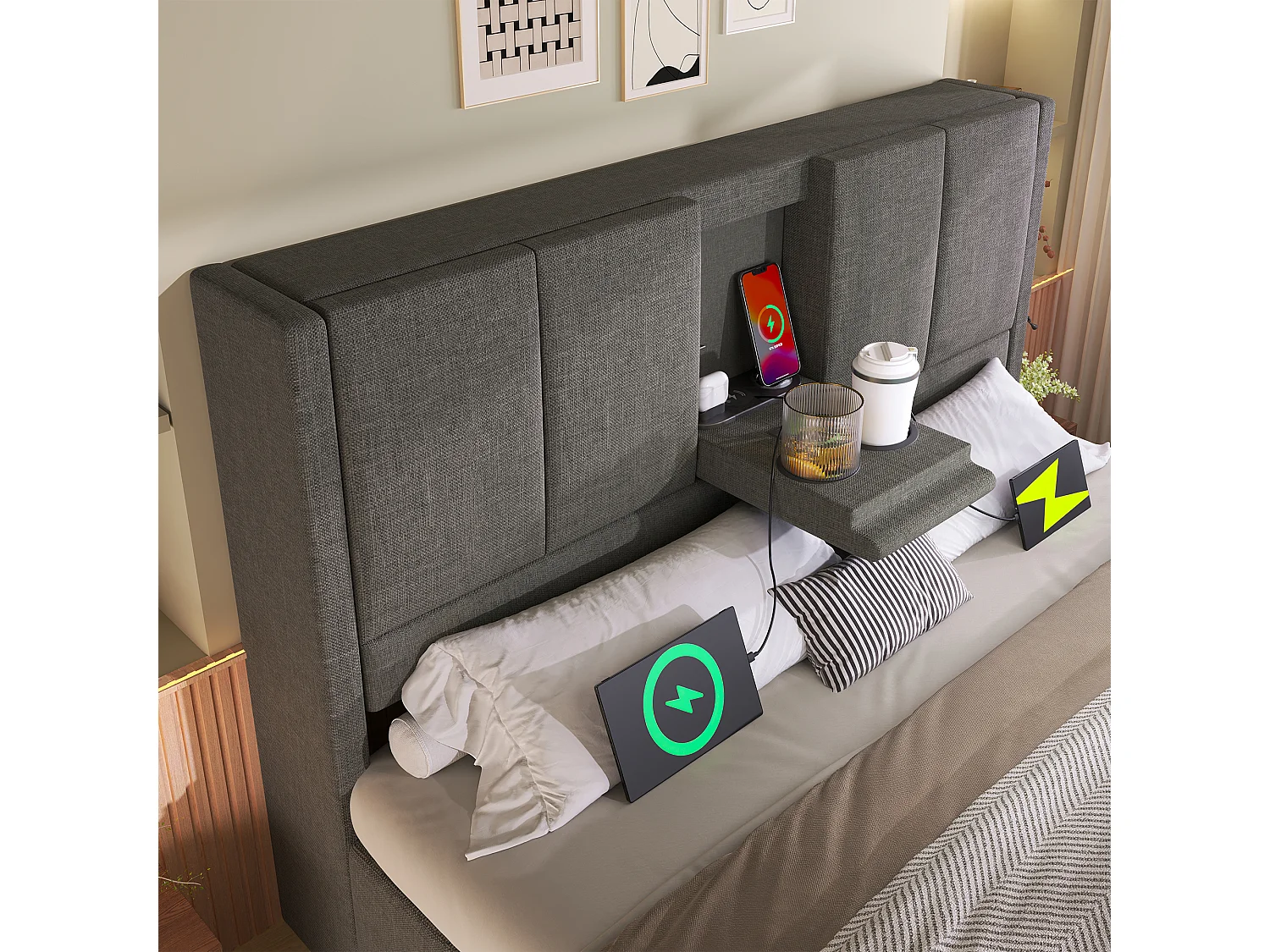 Gepolstertes Stauraumbett 140x190cm - mit verstecktem Getränkehalter - mit USB- und Typ-C-Anschlüssen - mit Lattenrost - Leinen - Grau (ohne Matratze)