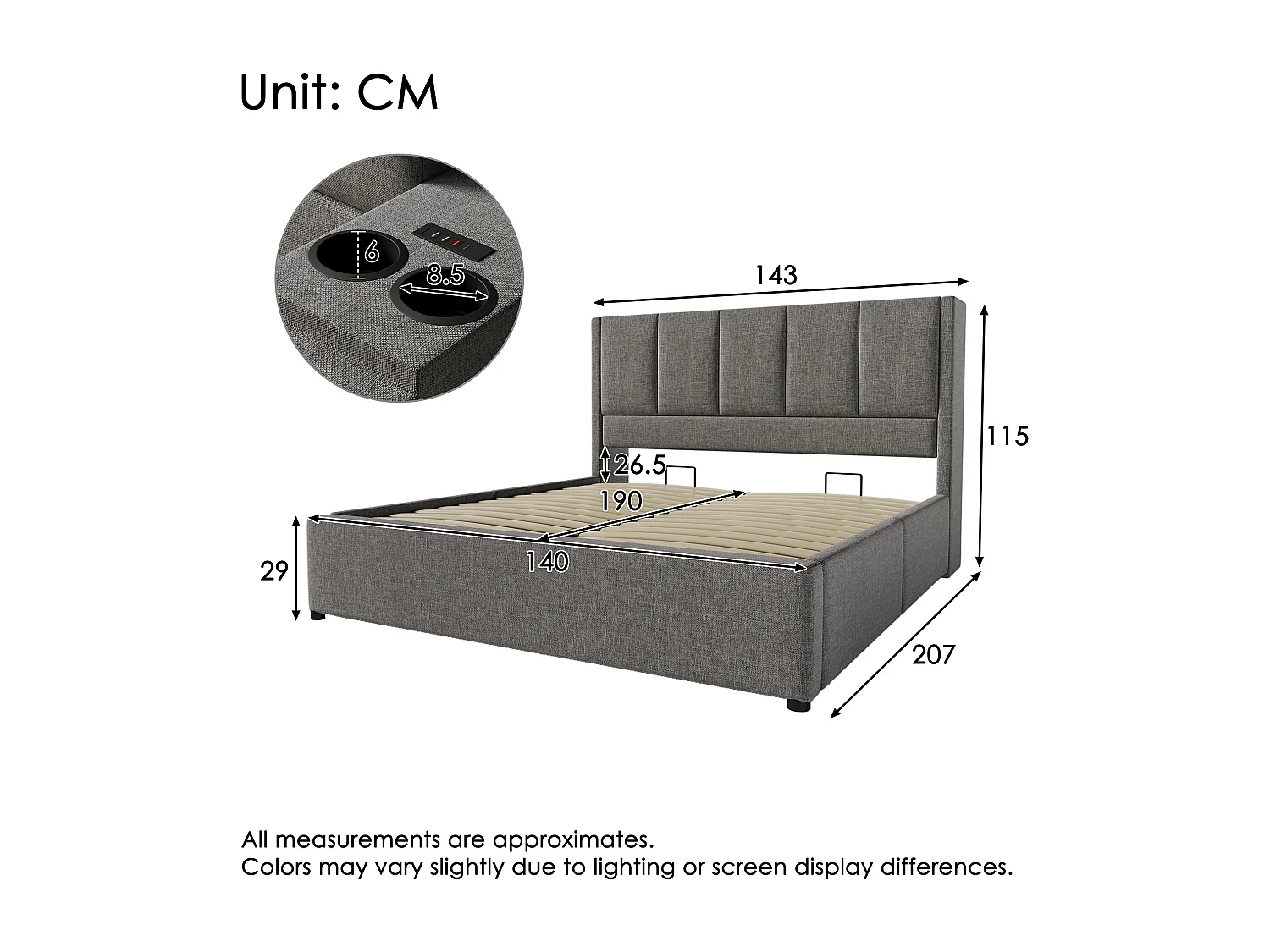 Gepolstertes Stauraumbett 140x190cm - mit verstecktem Getränkehalter - mit USB- und Typ-C-Anschlüssen - mit Lattenrost - Leinen - Grau (ohne Matratze)