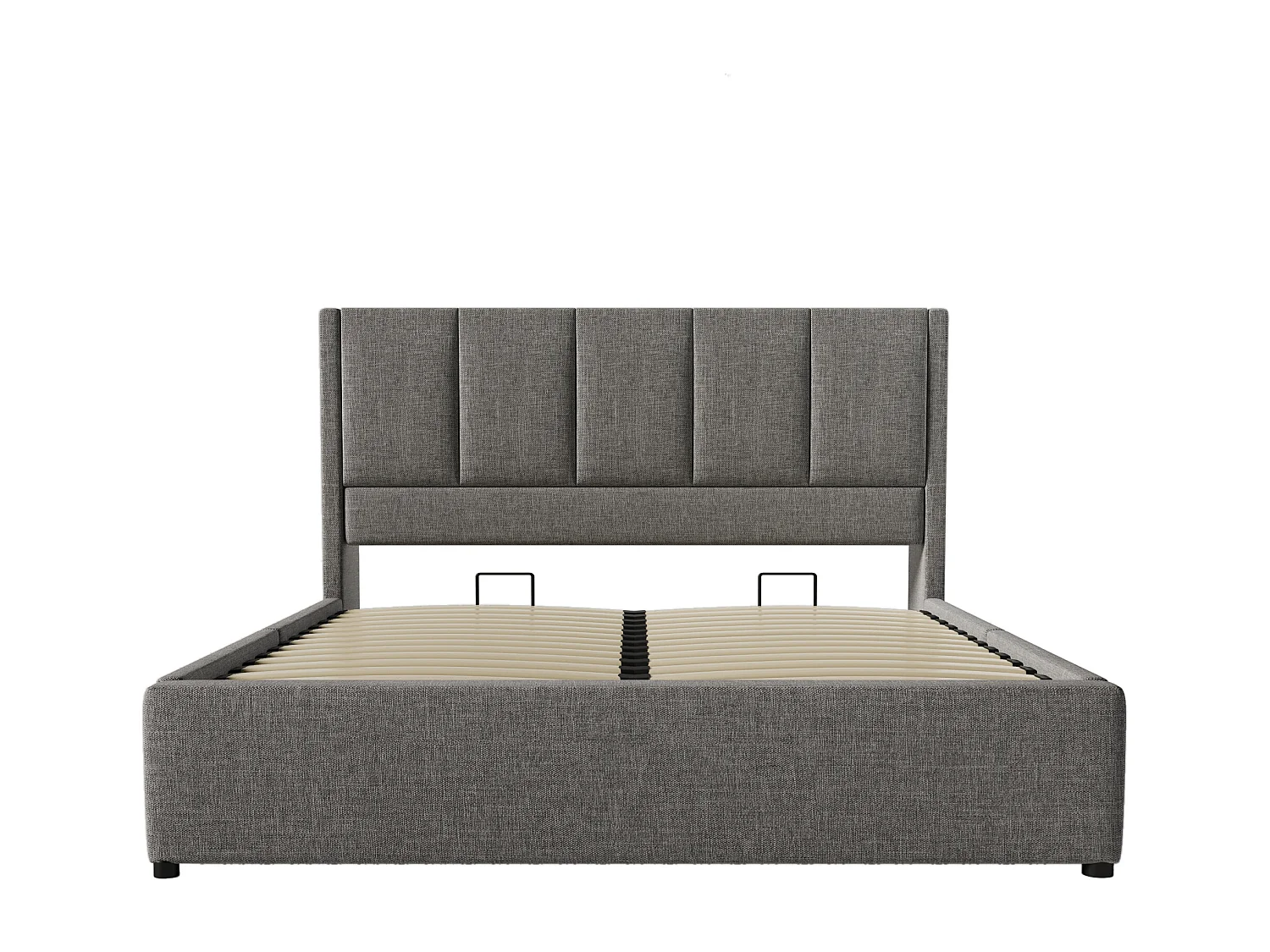Gepolstertes Stauraumbett 140x190cm - mit verstecktem Getränkehalter - mit USB- und Typ-C-Anschlüssen - mit Lattenrost - Leinen - Grau (ohne Matratze)