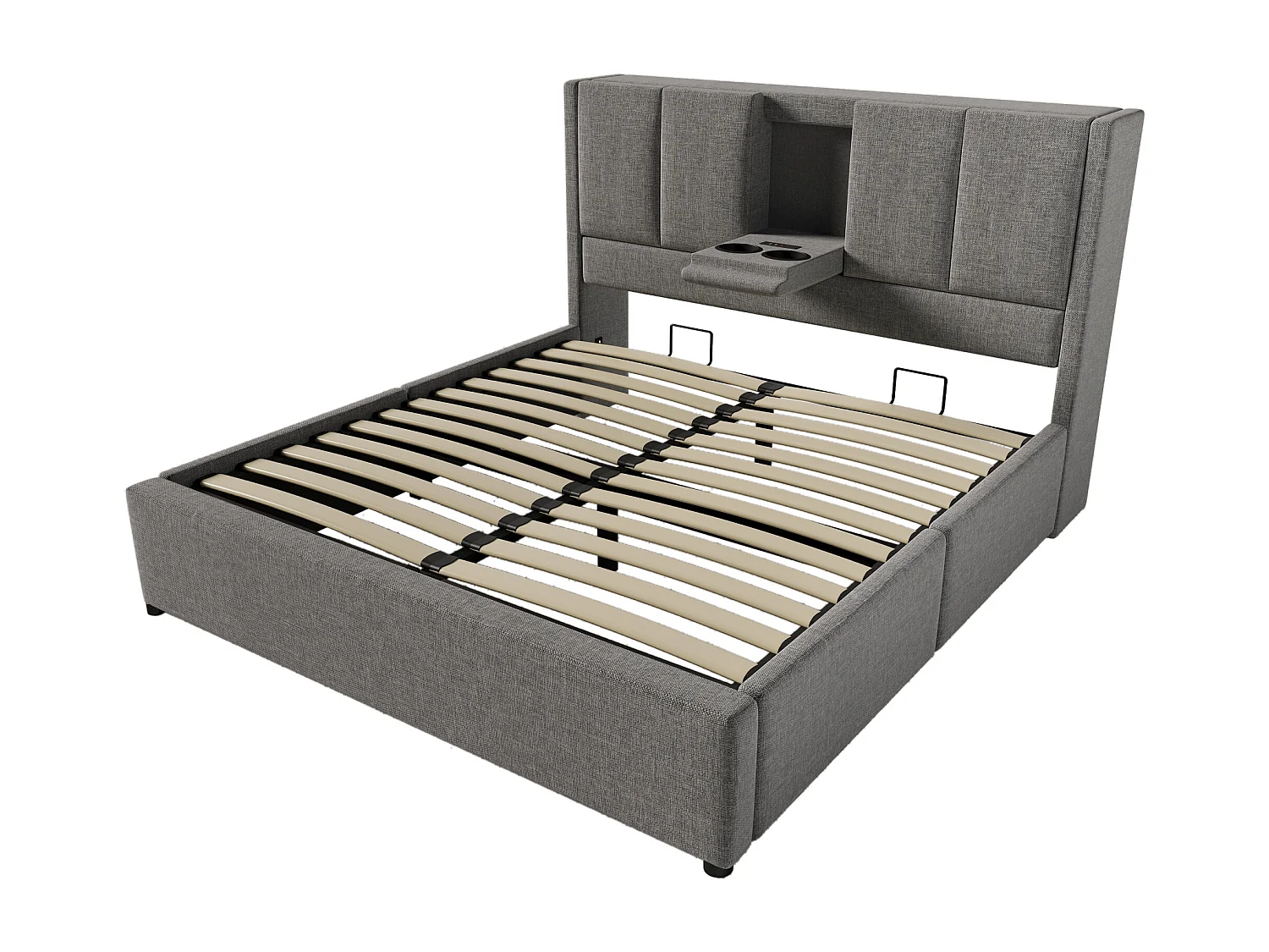 Gepolstertes Stauraumbett 140x190cm - mit verstecktem Getränkehalter - mit USB- und Typ-C-Anschlüssen - mit Lattenrost - Leinen - Grau (ohne Matratze)