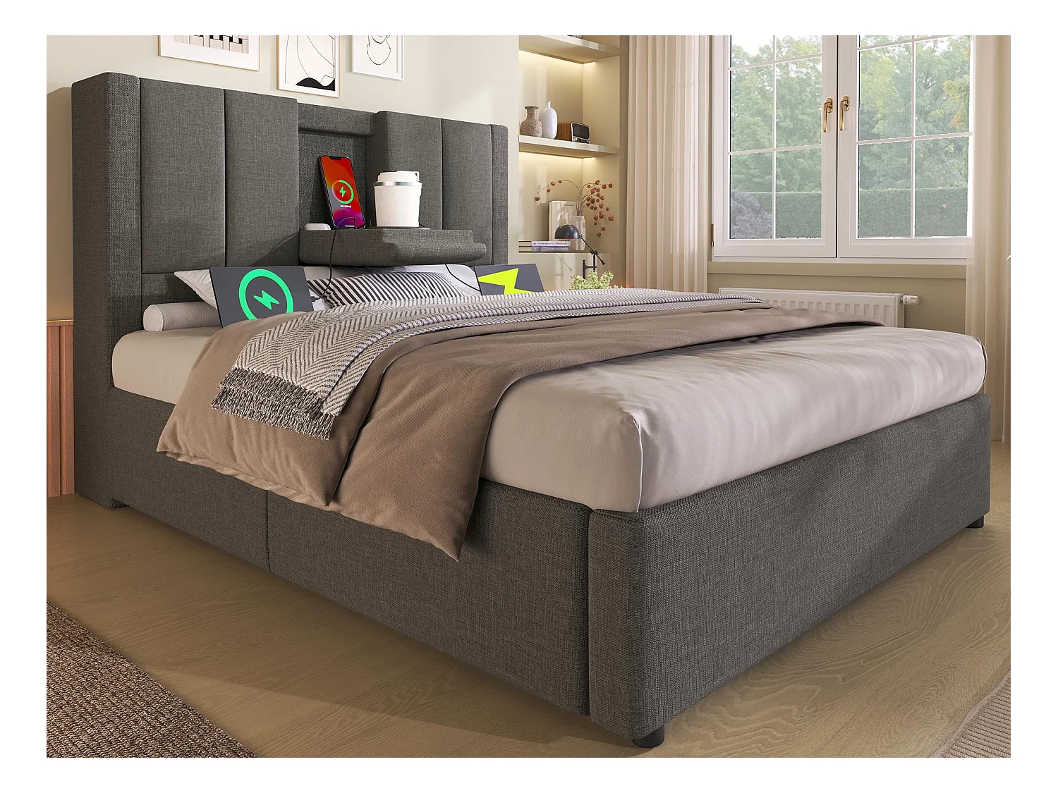 Gestoft opbergbed 90x200cm - met verborgen bekerhouder - met USB- en Type-C-poorten - met lattenbodem - Linnen - Grijs (zonder matras)