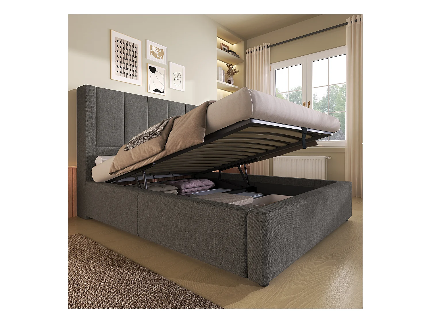 Gestoft opbergbed 90x200cm - met verborgen bekerhouder - met USB- en Type-C-poorten - met lattenbodem - Linnen - Grijs (zonder matras)