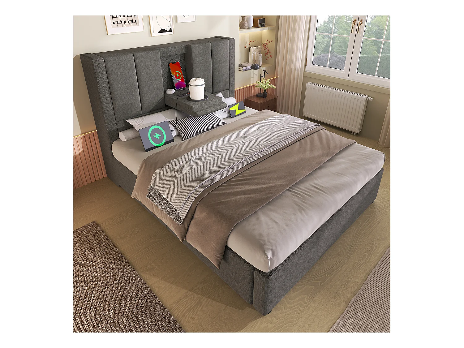 Gestoft opbergbed 90x200cm - met verborgen bekerhouder - met USB- en Type-C-poorten - met lattenbodem - Linnen - Grijs (zonder matras)