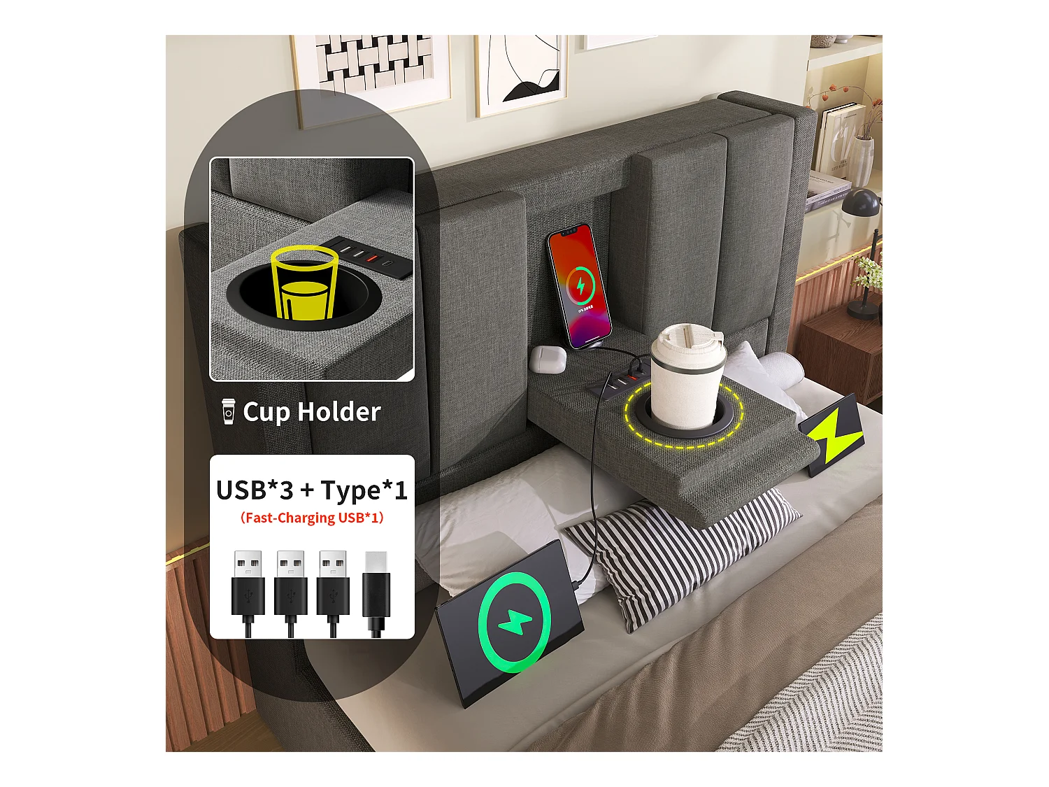 Gestoft opbergbed 90x200cm - met verborgen bekerhouder - met USB- en Type-C-poorten - met lattenbodem - Linnen - Grijs (zonder matras)